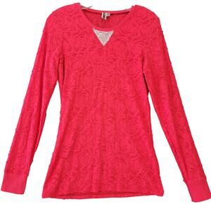 BKE Red Shirt Preppy Sequins Distressed Long Sleeves Subtle Floral Womens Size L